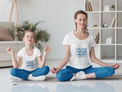 T-Shirt Mockup Featuring a Girl and Her Mother Meditating at Home 