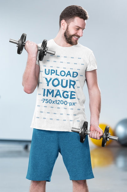 T-Shirt Mockup of a Bearded Man Doing Bicep Curls