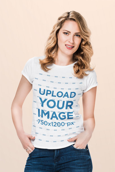 T-Shirt Mockup of a Blonde Woman Posing with a T-Shirt in a Studio 45813-r-el2