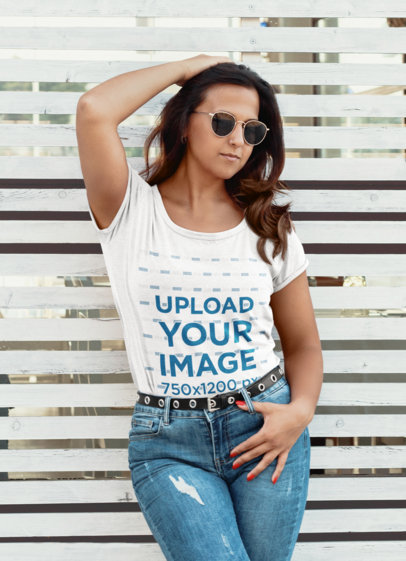 Heathered T-Shirt Mockup of a Serious Woman With Sunglasses 