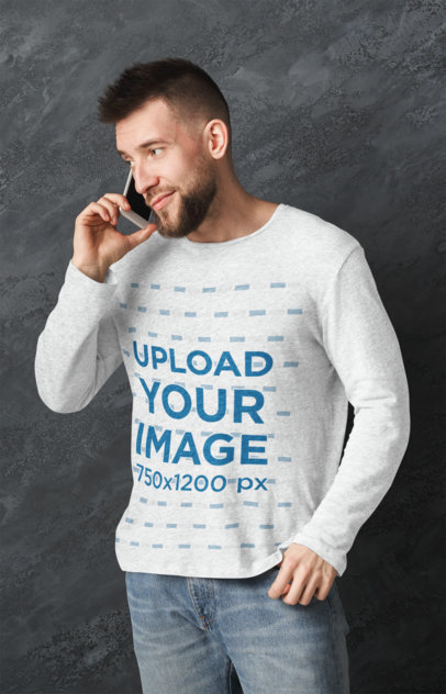 Mockup of a Man with a Heathered Long-Sleeve Tee Talking on the Phone