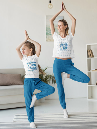 T-Shirt Mockup of Mom and Daughter Doing Yoga Together