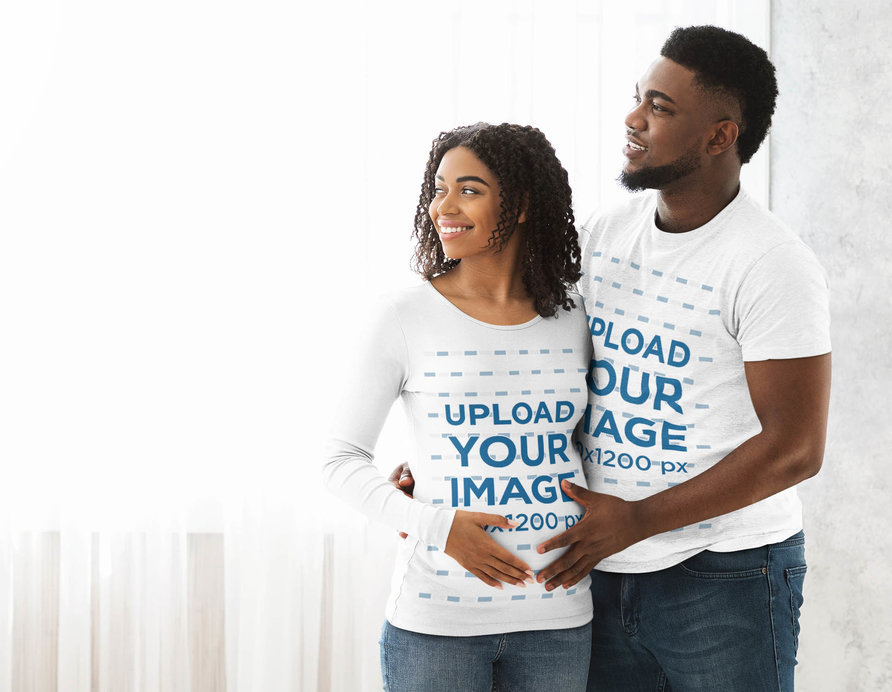 T-Shirt and Long Sleeve Tee Mockup of a Pregnant Couple at Home