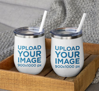 Mockup of Two Wine Tumblers with Straws on a Wooden Tray 