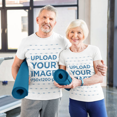 T-Shirt Mockup Featuring a Senior Couple at the Gym
