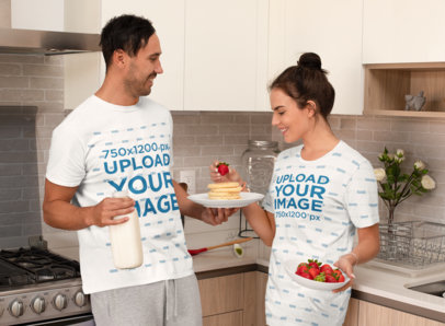 T-Shirt and Night Dress Mockup of a Young in Their PJs Having Breakfast