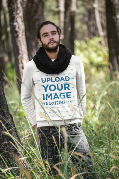 Sweatshirt Mockup of a Serious Man Posing in the Forest