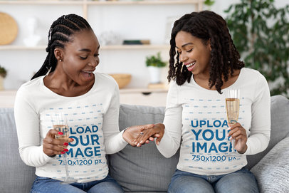 Long-Sleeve Tee Mockup of a Woman Showing Off Her Engagement Ring to a Friend 45876-r-el2