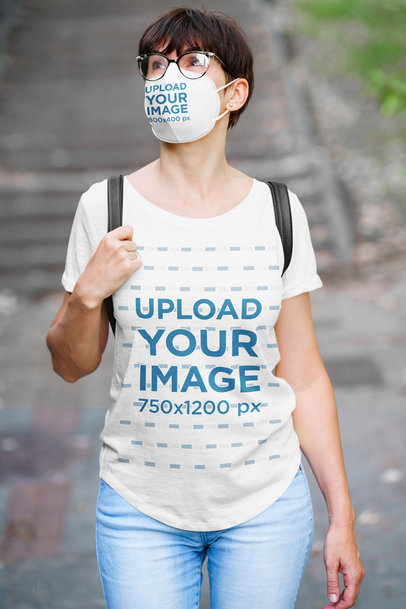 T-Shirt Mockup Featuring a Woman Wearing a Face Mask 