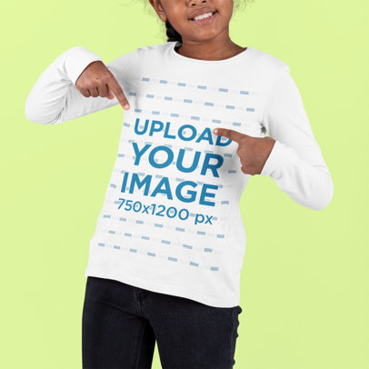 Cropped Face Mockup of a Girl Pointing at Her Long-Sleeve Tee