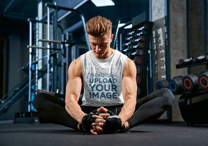 Sleeveless Shirt Mockup Featuring a Muscular Man at the Gym