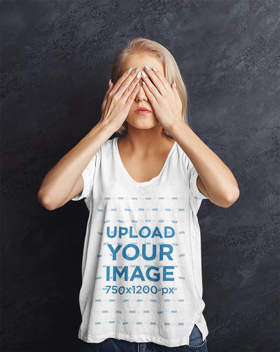 Mockup of a Woman Cover Her Eyes and Wearing a Slouchy Tee