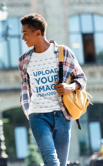 Heather Tee Mockup Featuring a Young Student Walking