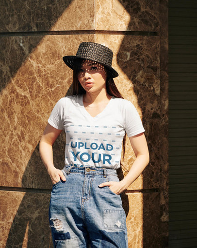 V-Neck T-Shirt Mockup of a Fashionable Woman Posing 45137-r-el2