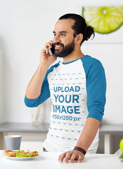 Raglan Tee Mockup Featuring a Bearded Man Talking on the Phone 