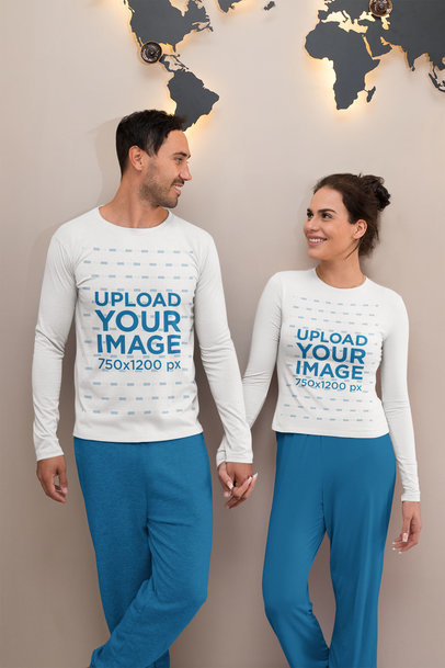 Long-Sleeve Tee Mockup of a Couple in PJs Holding Hands