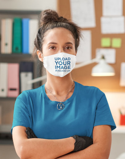 Face Mask Mockup of a Woman at a Working Station