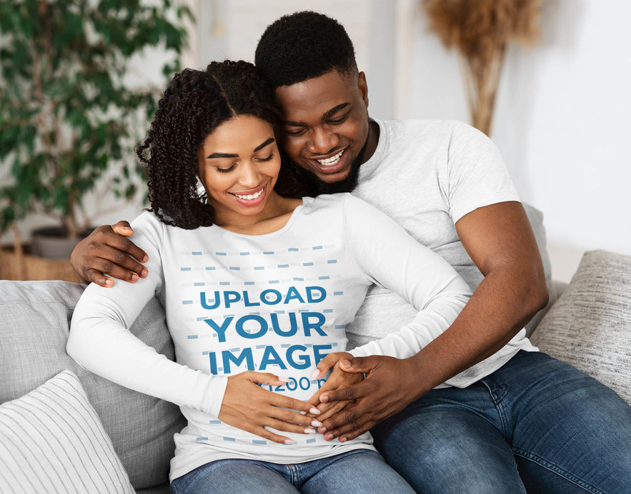 Long Sleeve Tee Mockup of a Pregnant Woman and Her Husband