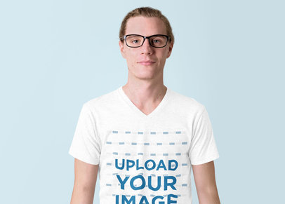 V-Neck Tee Mockup Featuring a Serious Man with Glasses 