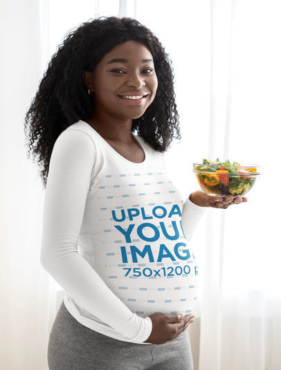Long Sleeve Tee Mockup of a Pregnant Woman Holding a Bowl of Salad 