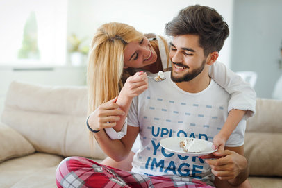 T-Shirt Mockup of a Smiling Man Eating Cake with His Girlfriend 