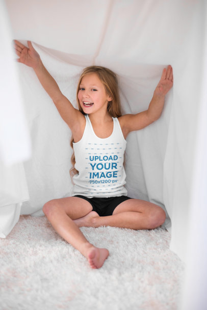 Mockup of a Girl in a Tank Top Playing at Home