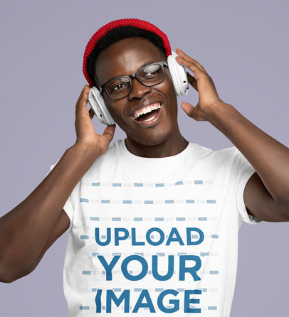 Mockup of a Joyful Man Wearing a Basic T-Shirt and Listening to Music 45603-r-el2