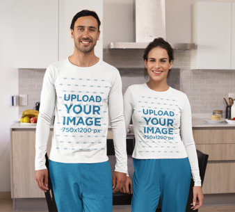 Long-Sleeve Tee Mockup Featuring a Young Couple in Their PJs