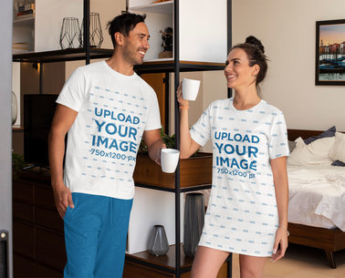 T-Shirt and Nightdress Mockup of a Couple in Their Pajamas