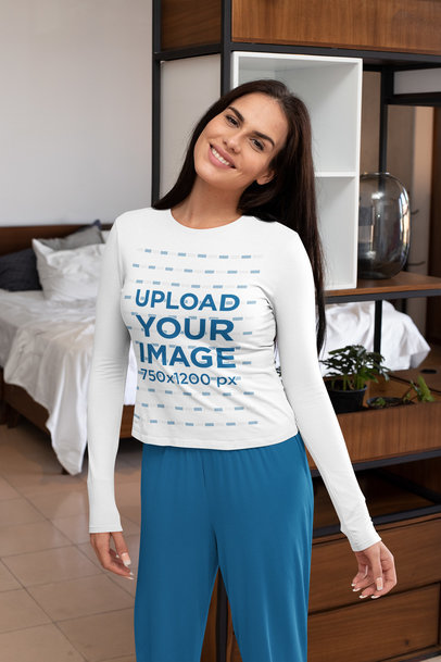 Long-Sleeve Tee Mockup of a Happy Woman in Pajamas 