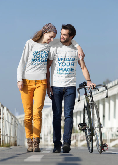 Long Sleeve Tee and T-Shirt Mockup of a Couple Walking Together