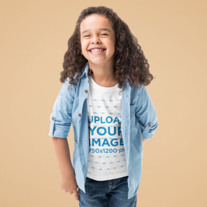 T-Shirt Mockup of a Long-Haired Boy Laughing in a Studio