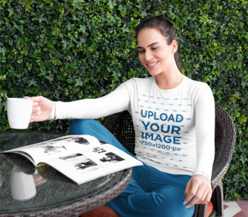 Long-Sleeve Tee Mockup of a Woman in PJs Reading 