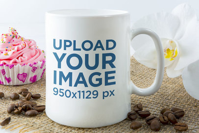 11 oz Coffee Mug Mockup Featuring an Orchid and a Cupcake 
