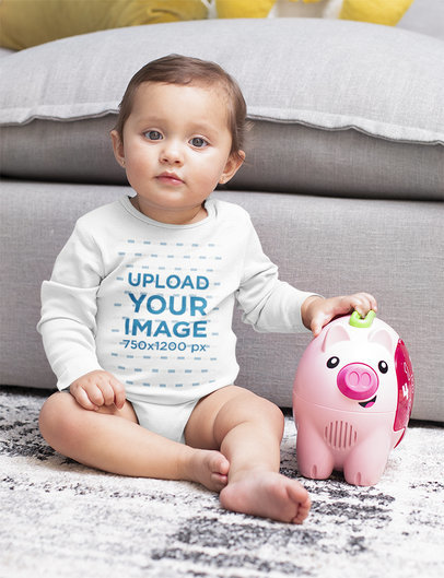 Onesie Mockup Featuring a Baby Girl with a Piggy Bank M933