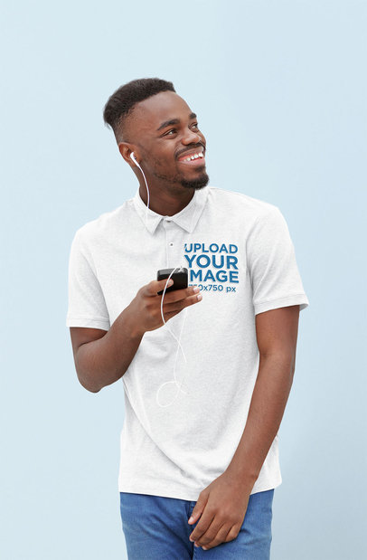 Polo Shirt Mockup Featuring a Man Listening to Music