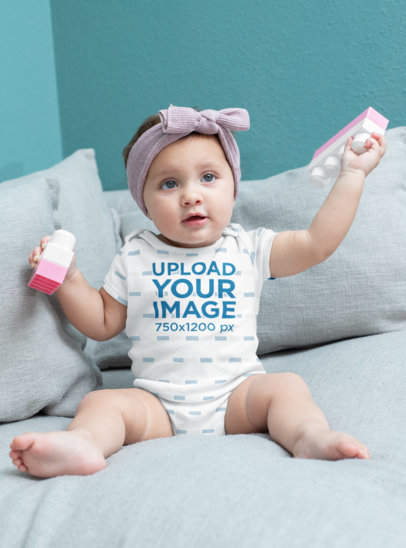 Onesie Mockup Featuring a Baby Girl with Toy Blocks