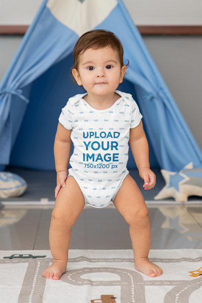 Sublimated Onesie Mockup Featuring a Baby Boy Standing