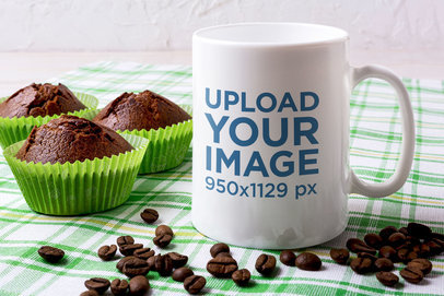 11 oz Coffee Mug Mockup Featuring Chocolate Cupcakes 