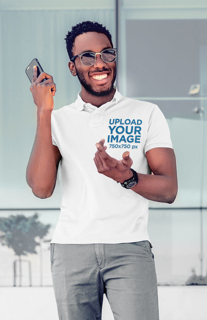 Polo Shirt Mockup Featuring a Joyful Man Talking on the Phone 45338-r-el2