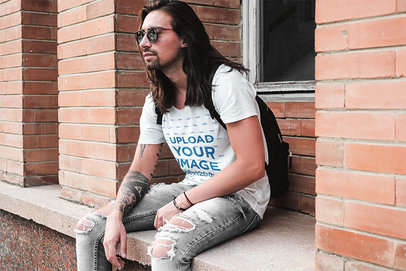 Mockup of a Long-Haired Man With Sunglasses Wearing a V-Neck Tee