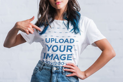 Mockup of a Woman with Dyed Hair Pointing at Her T-Shirt 45702-r-el2