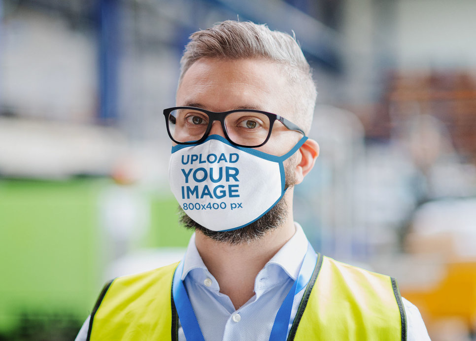 Face Mask Mockup of a Man with Glasses at Work