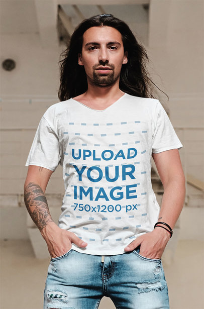V-Neck T-Shirt Mockup Featuring a Serious Long-Haired Man 