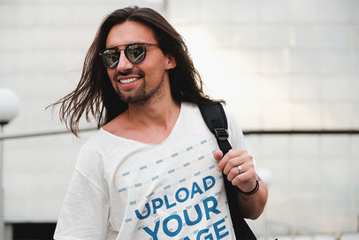 V-Neck T-Shirt Mockup of a Happy Man With Sunglasses 
