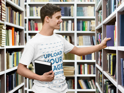 T-Shirt Mockup Featuring a College Student at the Library