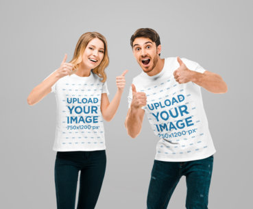T-Shirt Mockup of a Man and a Woman Happily Giving Thumbs Up