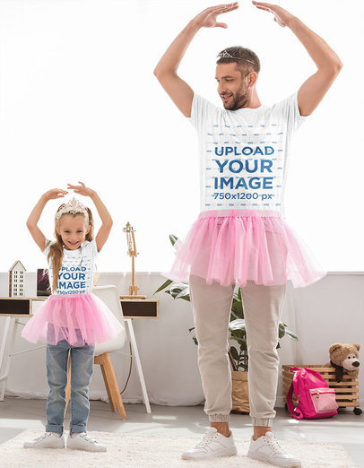 T-Shirt Mockup of a Father and Daughter Dancing Like Ballerinas