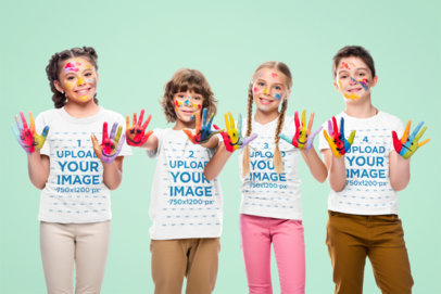 T-Shirt Mockup of a Group of Four Kids Playing with Paint
