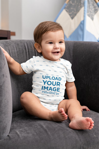 Mockup of a Baby Boy Wearing a Short-Sleeve Onesie